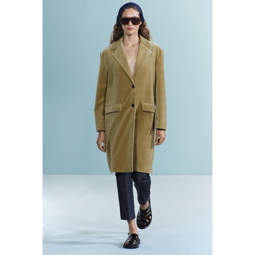 NWOT Zara light green khaki velvet-like oversized mid-length coat, XS